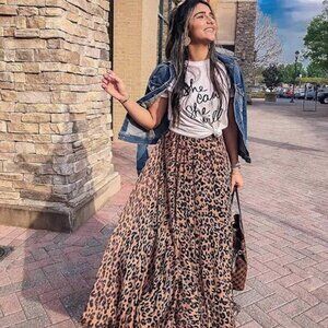ZAKIA Women's Elastic waist Leopard Snake Print Maxi Long Skirt NWT